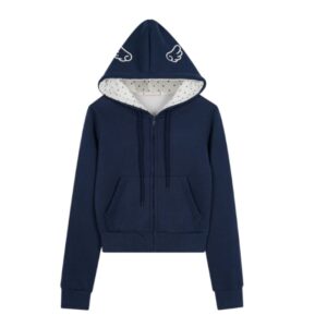 Retro Polka-Dot Wing Design Hoodie — Navy Blue