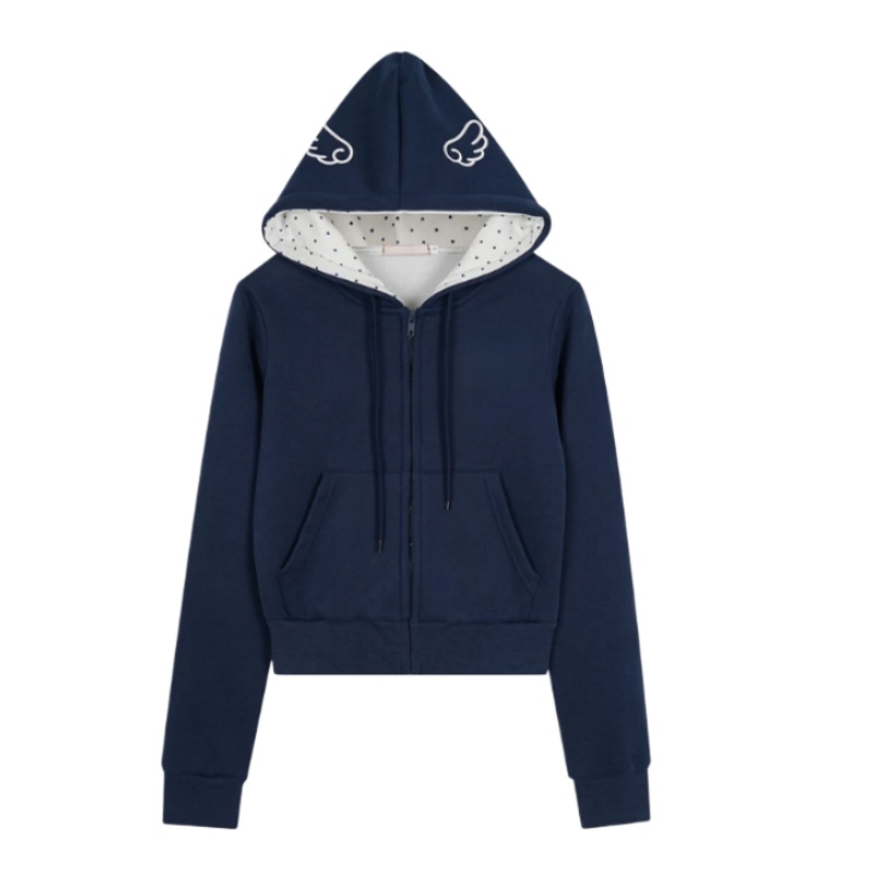 Retro Polka-Dot Wing Design Hoodie — Navy Blue
