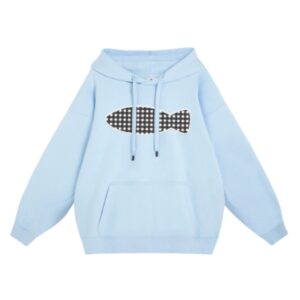 Minimalist Plaid Hoodie With Small Fish Print