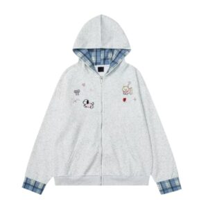 Puppy Embroidery And Plaid Patchwork Hoodie